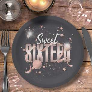 Assiettes En Carton Moon et étoiles Sweet 16  Rose Gold/Noir ID788