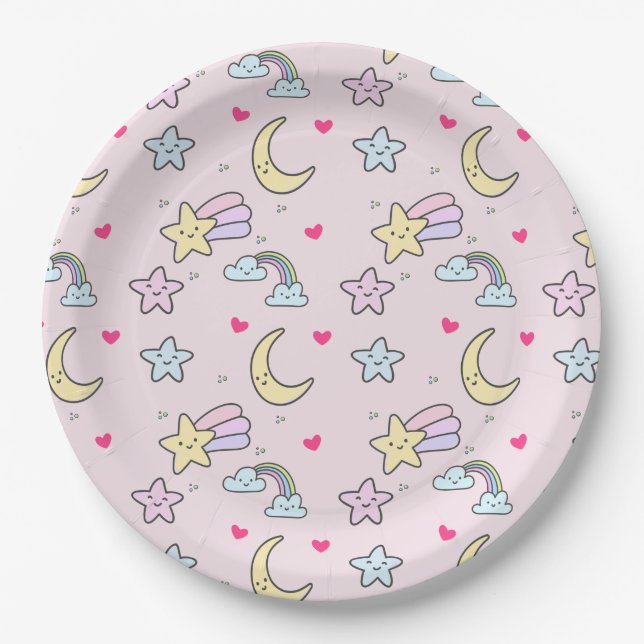 Assiettes En Carton Moon, Stars and Clouds Pattern on Rose (Devant)