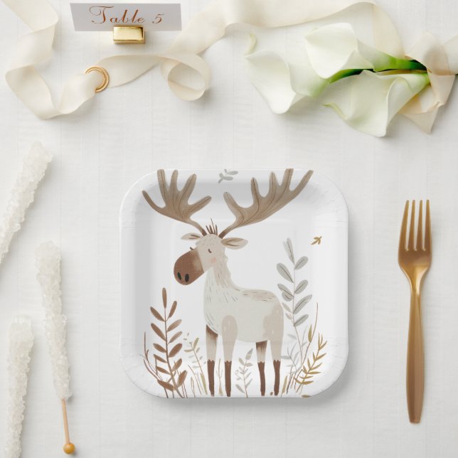 Assiettes En Carton Moose d'aquarelle minimaliste (Mariage)