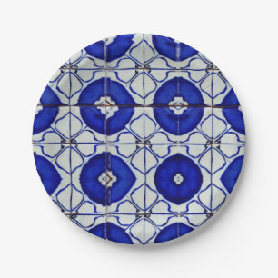 Assiettes En Carton Mosaïque marocaine d'art géométrique bleu Indigo