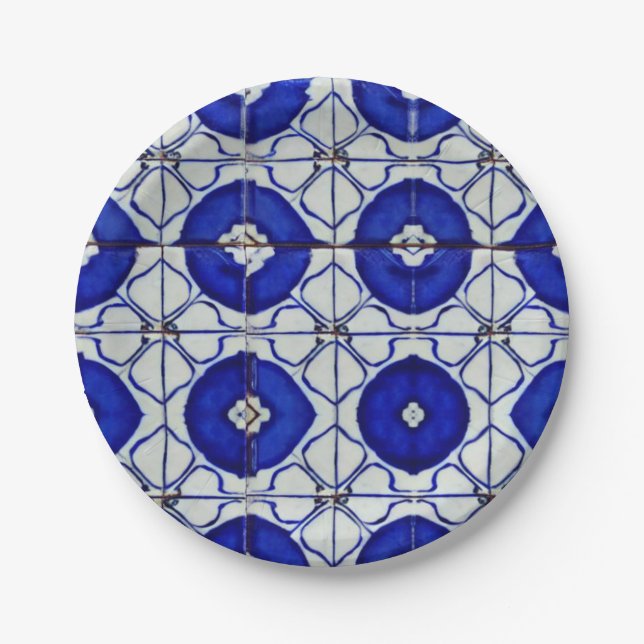 Assiettes En Carton Mosaïque marocaine d'art géométrique bleu Indigo (Devant)