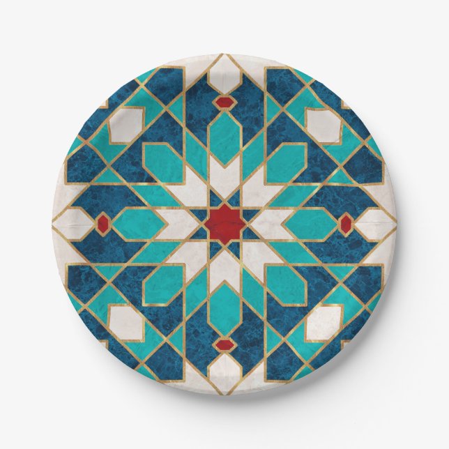 Assiettes En Carton Mosaïque marocaine de marbre blanc Turquoise bleu  (Devant)