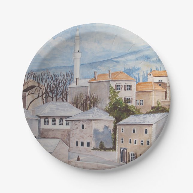 Assiettes En Carton Mostar, Bosnie - Peinture Townscape Acrylique (Devant)