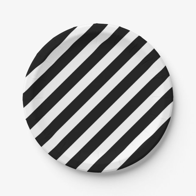 Assiettes En Carton motif à bandes diagonales noir et blanc (Devant)