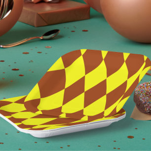Assiettes En Carton Motif à carreaux Harlequin jaune marron