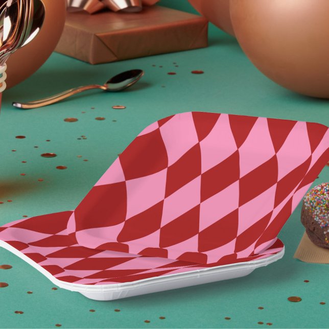Assiettes En Carton Motif à carreaux Harlequin rose rouge  (Créateur téléchargé)