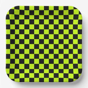 Assiettes En Carton Motif à carreaux vert acide et noir
