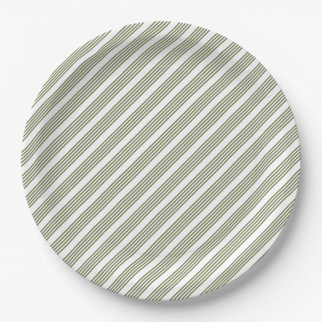 Assiettes En Carton Motif à cinq bandes vert et blanc olive (Devant)
