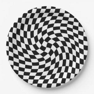 Assiettes En Carton Motif À damiers dépoli noir et blanc
