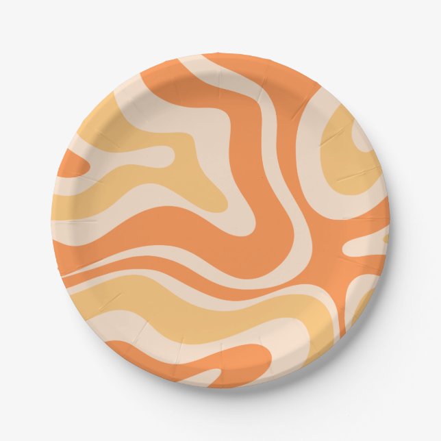 Assiettes En Carton Motif Abstrait Retro Liquid Swirl dans Soft Orange (Devant)