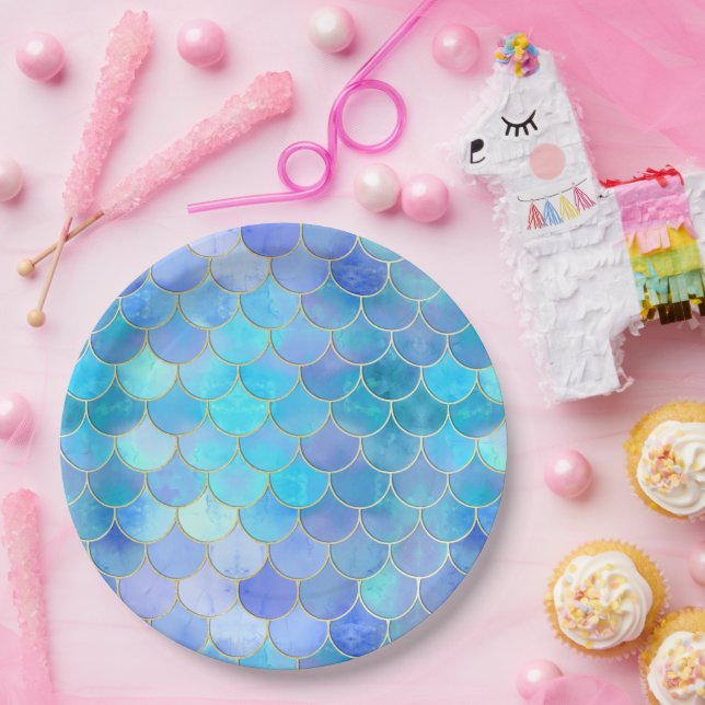Assiettes En Carton Motif Aqua Pearlescent & Gold Mermaid (Fête)