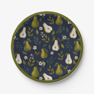 Assiettes En Carton Motif aquarelle de poire verte sur fond bleu foncé