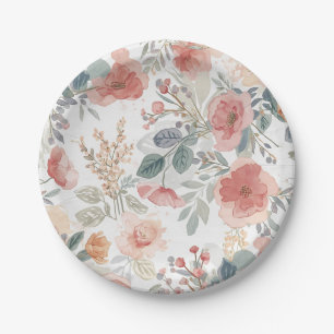 Assiettes En Carton Motif aquarelle floral jardin corail rose