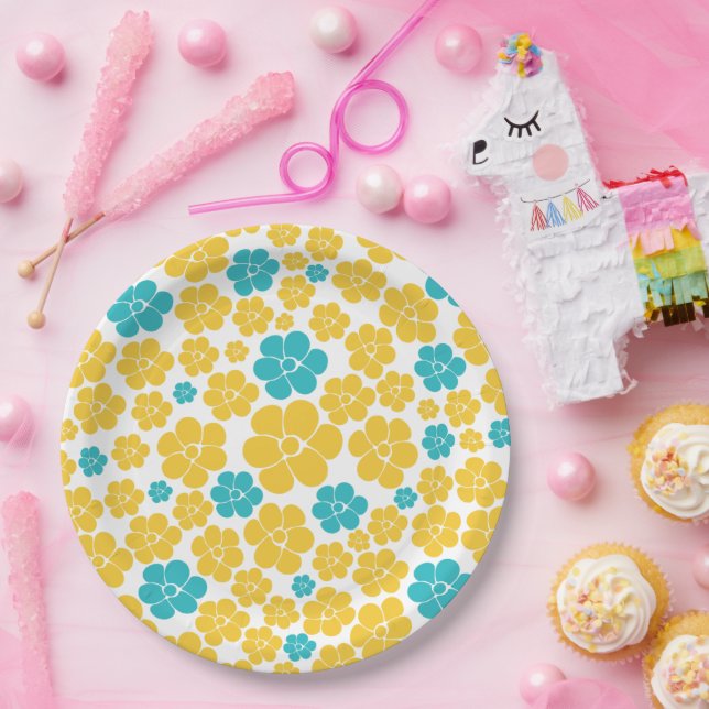 Assiettes En Carton Motif aux fleurs - Turquoise et Jaune (Fête)