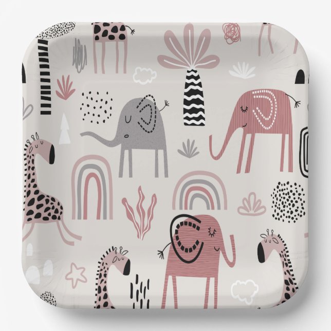 Assiettes En Carton motif avec de mignons éléphants et girafes géant (Recto)