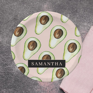 Assiettes En Carton Motif Avocado Rose Et Vert Moderne Avec Nom