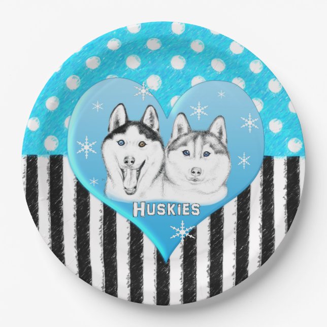 Assiettes En Carton Motif bleu de chiens de traîneau (Devant)