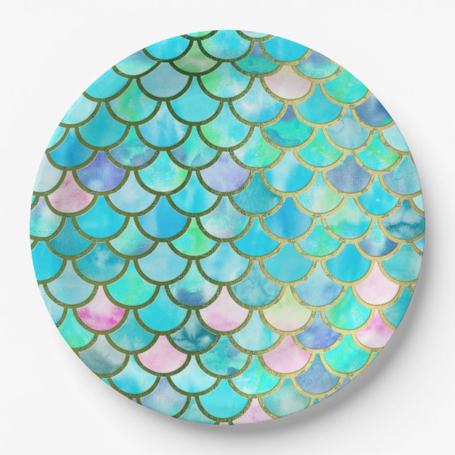 Assiettes En Carton Motif bleu turquoise d'échelles de sirène (Devant)