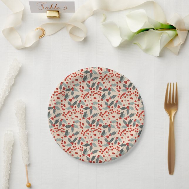 Assiettes En Carton Motif botanique de Noël Holly Berry moderne (Mariage)
