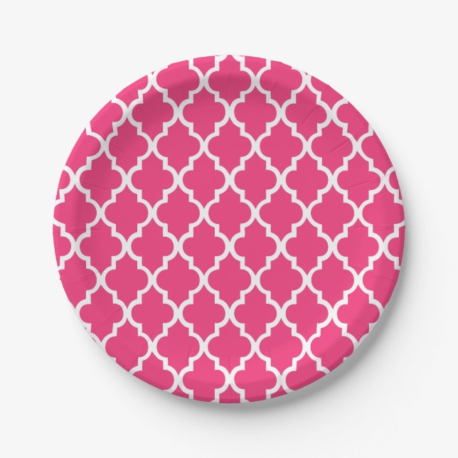 Assiettes En Carton Motif Carreaux de Quatrefoil Rose chaud (Devant)