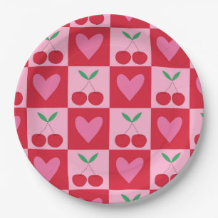 Assiettes En Carton Motif Cerises à Carreaux avec Cœurs Roses