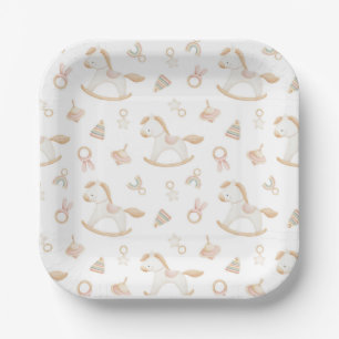 Assiettes En Carton Motif Cheval à Bascule Rose Fille Baby Shower