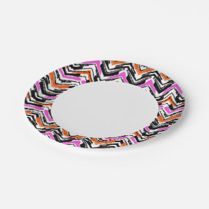 Assiettes En Carton Motif Chevron De Main Noire, Orange Et Rose