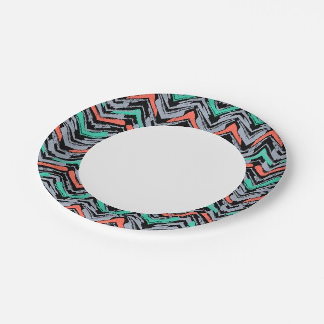 Assiettes En Carton Motif Chevron Grise, Turquoise Et Corail (Angle)
