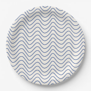 Assiettes En Carton Motif Chevron Ligne Minimale Bleu sur Crème Blanc