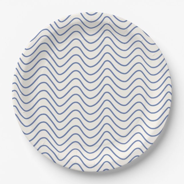 Assiettes En Carton Motif Chevron Ligne Minimale Bleu sur Crème Blanc (Devant)