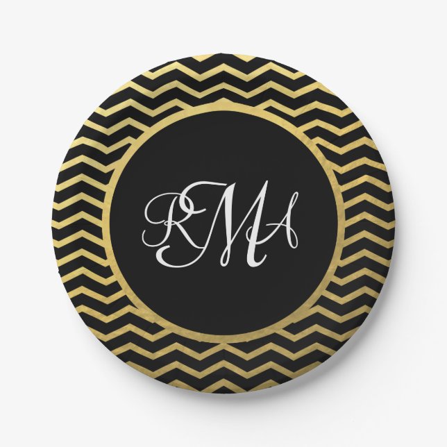 Assiettes En Carton Motif Chevron noir et or Triple Monogramme (Devant)