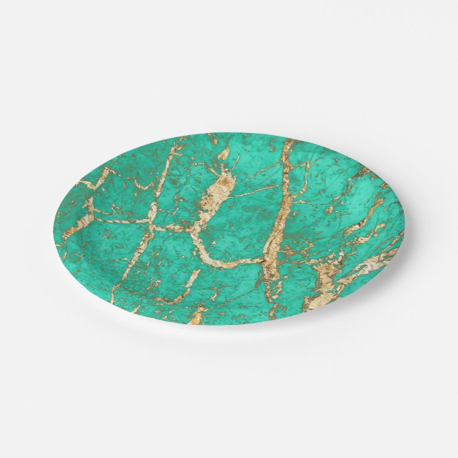 Assiettes En Carton Motif chic de marbre de turquoise d'or (Angle)