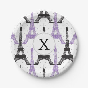 Assiettes En Carton Motif chic pourpre de Tour Eiffel de monogramme