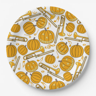 Assiettes En Carton Motif Citrouille d'Halloween Trombones