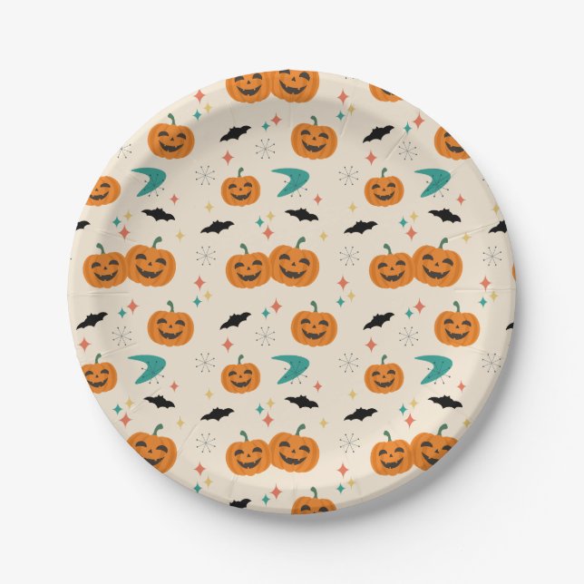 Assiettes En Carton Motif Citrouille du milieu du siècle d'Halloween (Devant)