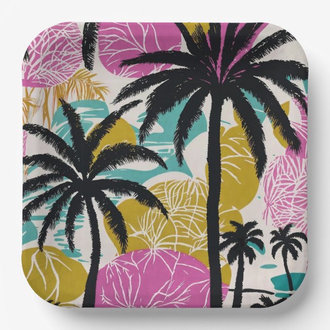 Assiettes En Carton Motif coloré de palmier tropical (Recto)