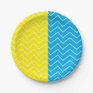 Assiettes En Carton Motif couleur bleu jaune blanc Chevron