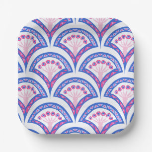Assiettes En Carton motif damassé floral bleu