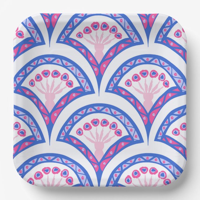 Assiettes En Carton motif damassé floral bleu (Recto)