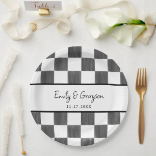 Assiettes En Carton Motif Damier Noir Peint Mariage