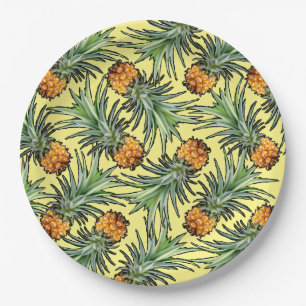 Assiettes En Carton Motif d'ananas tropical sur jaune