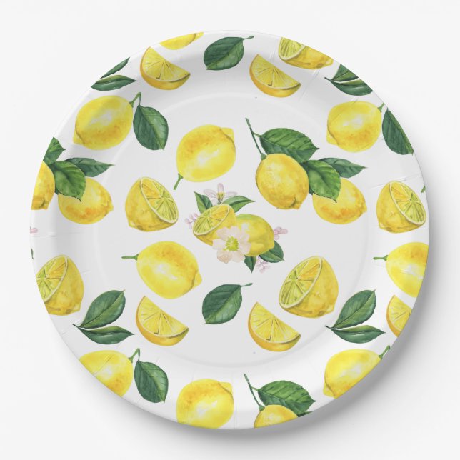 Assiettes En Carton Motif d'aquarelle aux citrons jaunes (Devant)