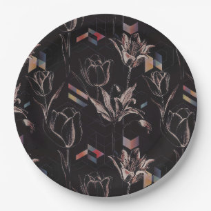 Assiettes En Carton Motif d'art en ligne de tulipe géométrique moderne