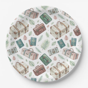 Assiettes En Carton Motif de bagages de voyage vintage (1)