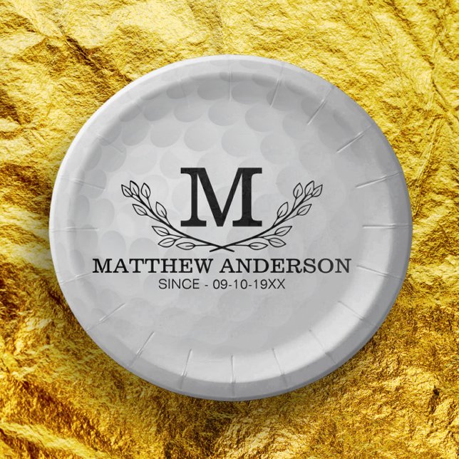 Assiettes En Carton Motif de balle de golf personnalisé Nom Monogramme (Créateur téléchargé)