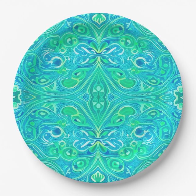 Assiettes En Carton Motif de Bohème Arabesque Aquamarine (Devant)