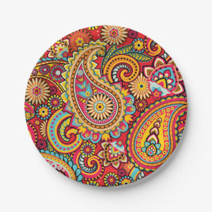 Assiettes En Carton Motif de Bohème floral rouge lumineux de Paisley