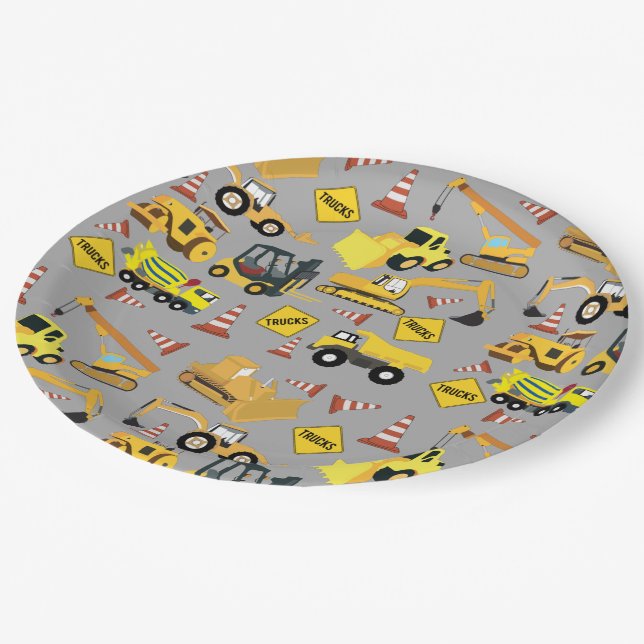 Assiettes En Carton Motif de camions de construction (Angle)