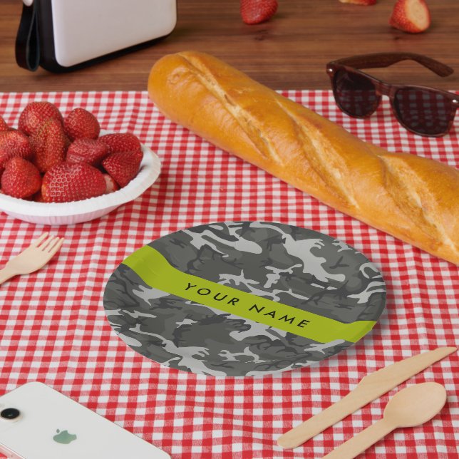 Assiettes En Carton Motif de camouflage gris, Votre nom, Personnaliser (Pique-nique)