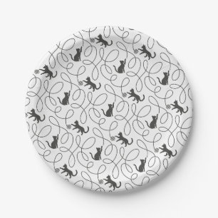 Assiettes En Carton Motif de chat noir joueur et boule de fil